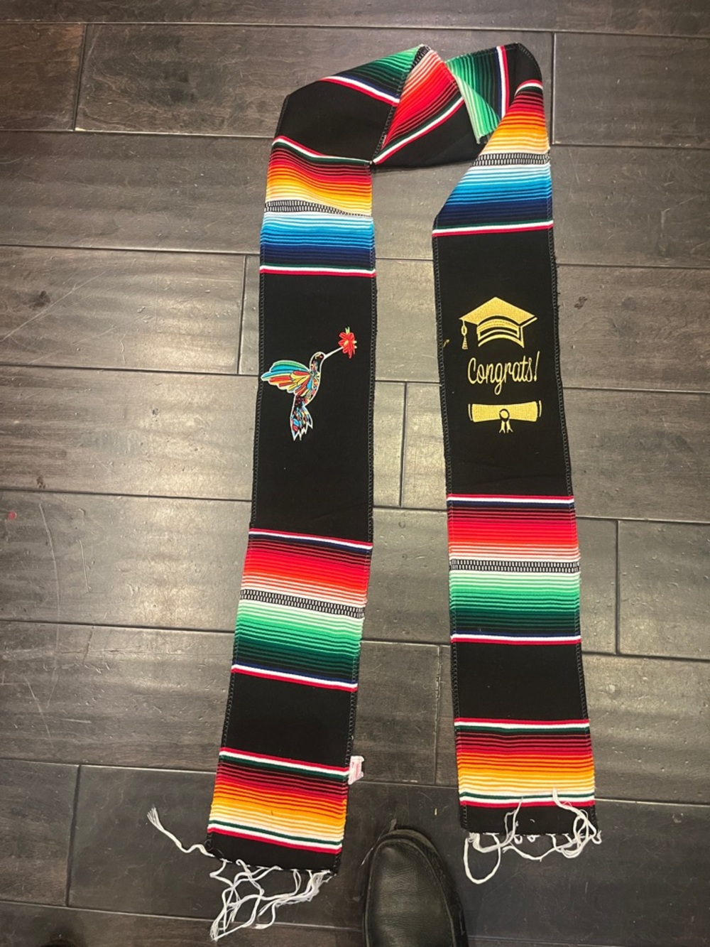 Black Serape Graduation Stole with Colorful Stripes and Hummingbird one size